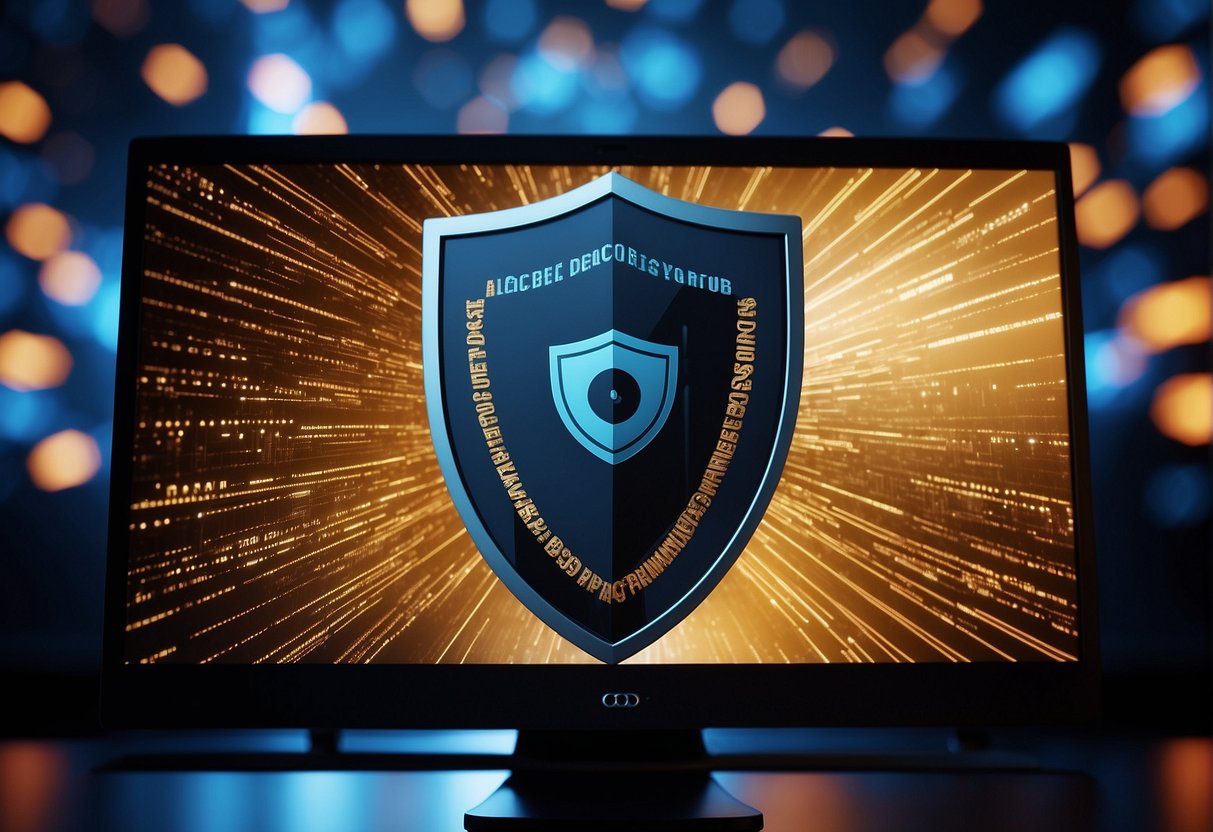 A computer screen displaying a secure data erasure process, surrounded by a shield symbolizing user privacy and data protection