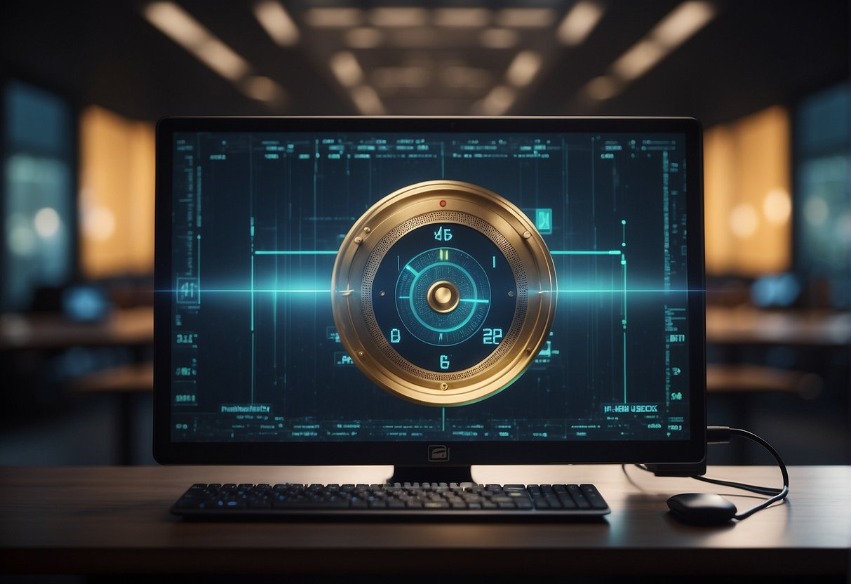 A computer screen displaying a progress bar as it securely erases data, surrounded by a lock symbol and a shield, symbolizing data protection and user privacy