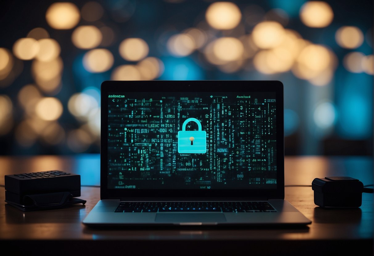 A computer screen displaying a data erasure process, surrounded by lock icons symbolizing user privacy and data protection