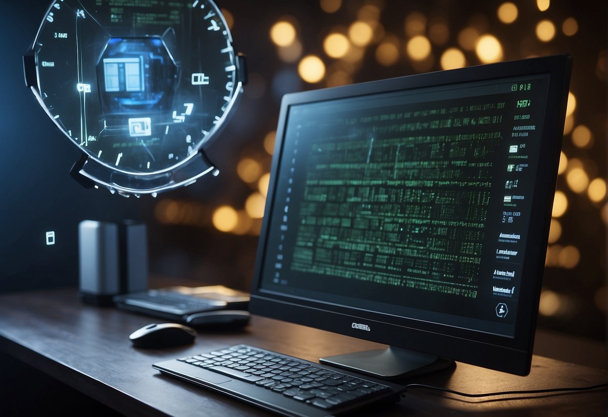 A computer screen displaying a progress bar for data erasure, surrounded by lock icons and privacy symbols. A shredder icon in the corner signifies secure deletion