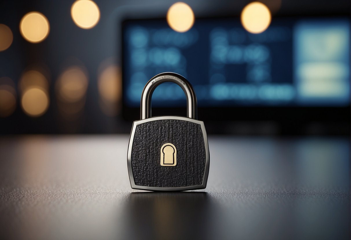 A computer screen displaying a padlock symbol with a shield in the background, representing data protection and security measures