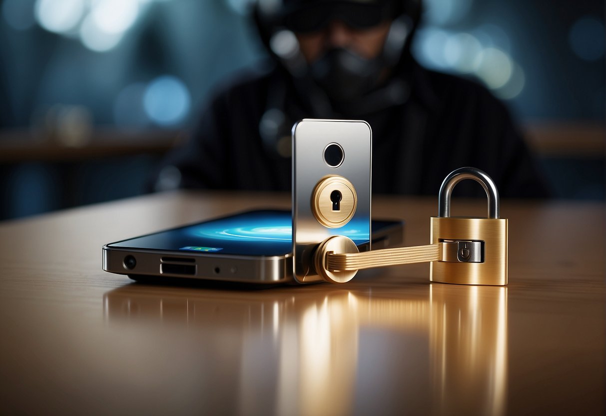 A shield encasing a digital device, surrounded by a lock and key, symbolizing protection of user data in the digital space