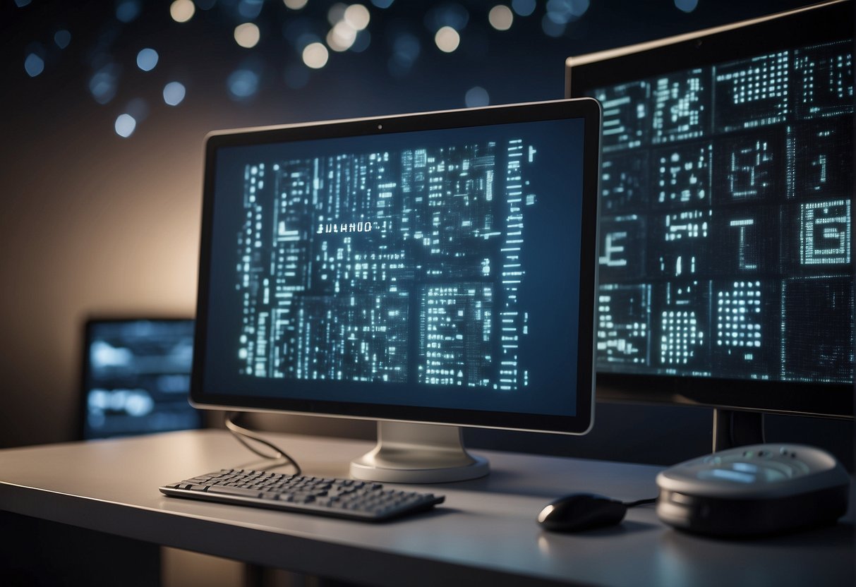 A computer screen displaying a lock icon with the words "data erasure ethics, user privacy, data protection" surrounded by various security symbols