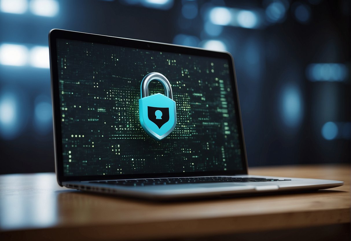 A computer screen displaying a secure data erasure process, with a padlock symbol and a shield icon representing user privacy and data protection