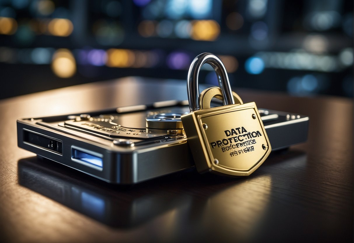 A secure lock encasing a computer hard drive, surrounded by a shield with the words "Data Protection Best Practices for Businesses" written on it