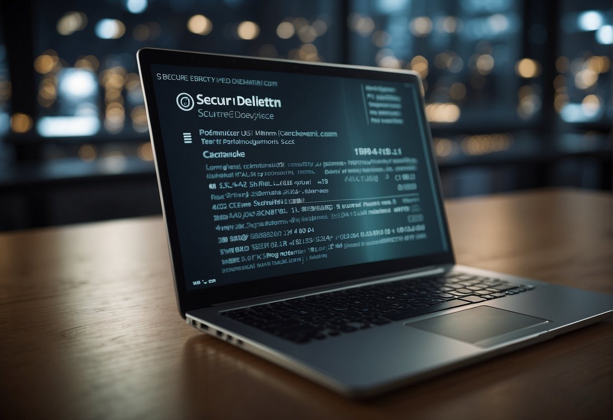 A computer screen displays a list of features: secure deletion methods, customizable erasure algorithms, and certification compliance. A lock icon symbolizes security