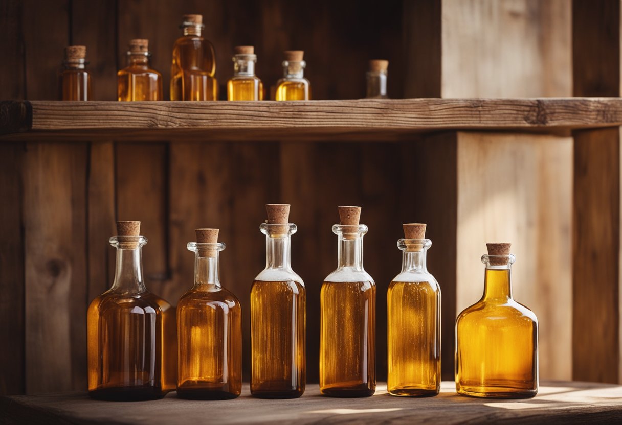 Amber glass bottles arranged on a rustic wooden shelf. Light filters through, casting warm, golden hues on the bottles