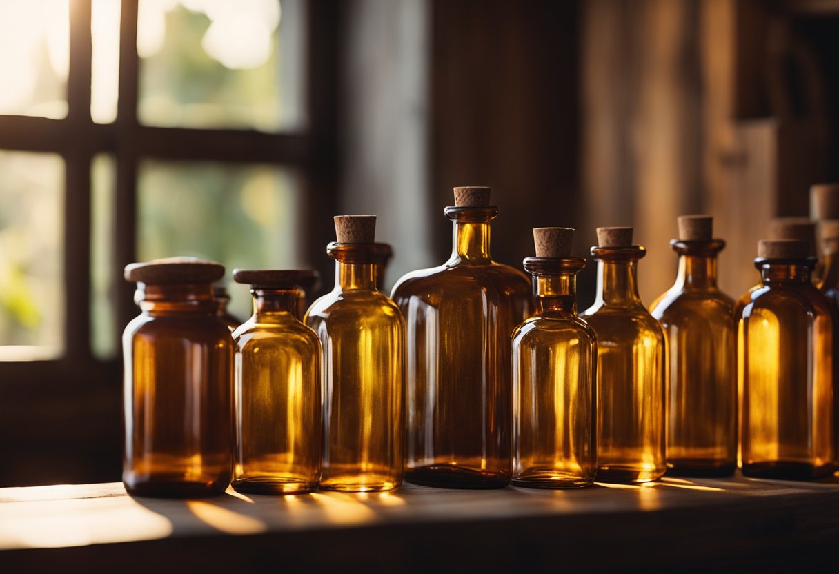 Amber glass bottles lined up on a rustic wooden shelf, catching the warm glow of sunlight filtering through a nearby window