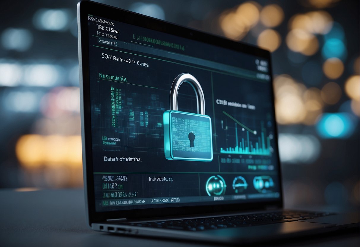 A computer screen displaying a data erasure software interface with various features highlighted. A lock icon symbolizing security and a progress bar indicating the erasure process