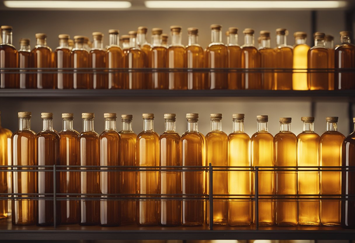 Amber glass bottles arranged on a shelf, catching the sunlight with a warm, golden glow. Labels indicate various uses and benefits