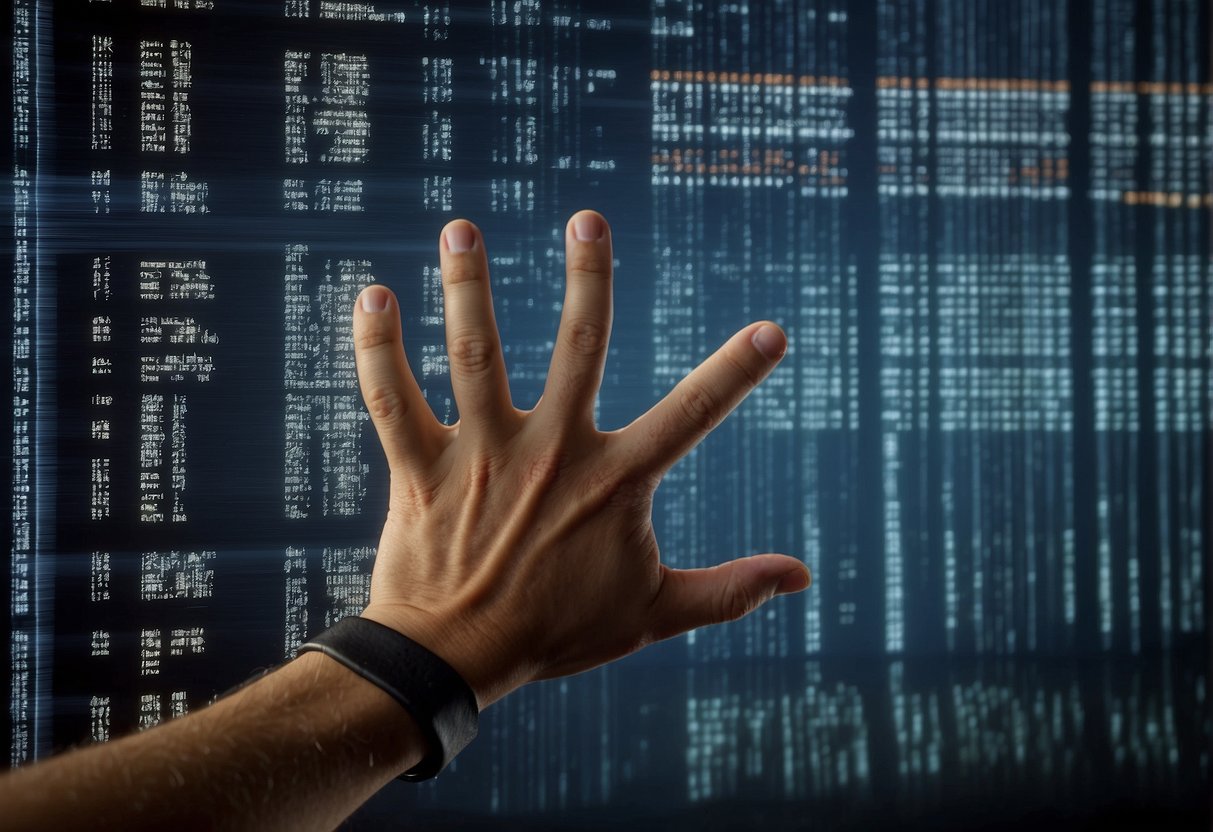 A hand hovers over a computer screen, selecting from a list of data erasure software features. The screen displays options such as secure deletion, multiple verification methods, and customizable erasure algorithms
