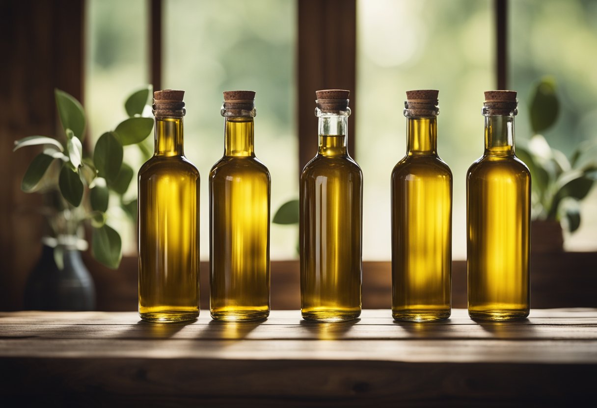 Amber olive oil bottles arranged on a rustic wooden table, with soft natural light streaming in from a nearby window