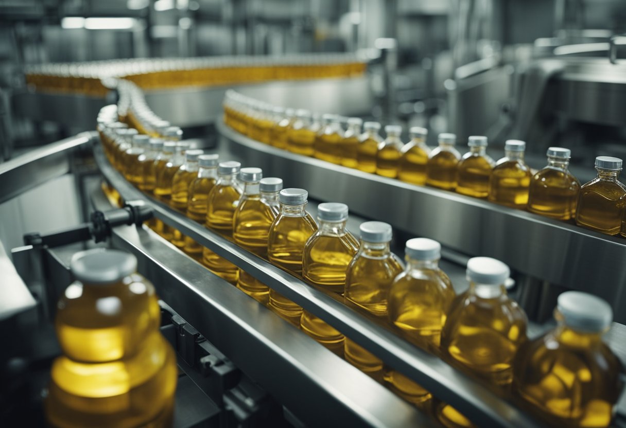 A conveyor belt moves amber glass bottles through a filling machine, while a labeling machine applies olive oil branding