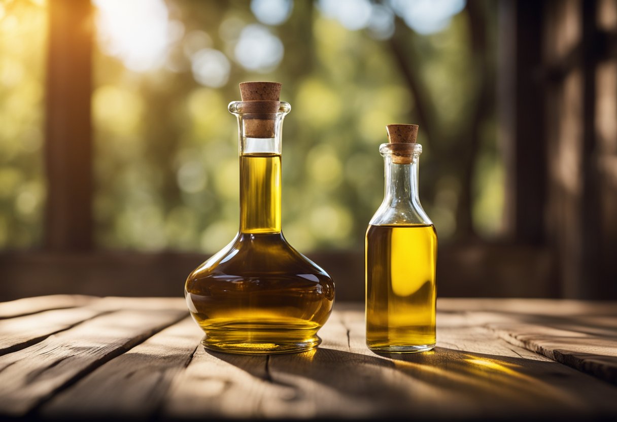 An amber olive oil bottle sits on a rustic wooden table, with sunlight streaming through the window, highlighting its rich color and showcasing its ability to protect the oil from light exposure