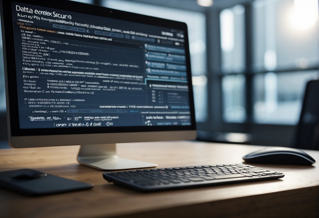 Keywords like "data erasure software features" and "data security" are displayed on a computer screen, with a list of software options in the background