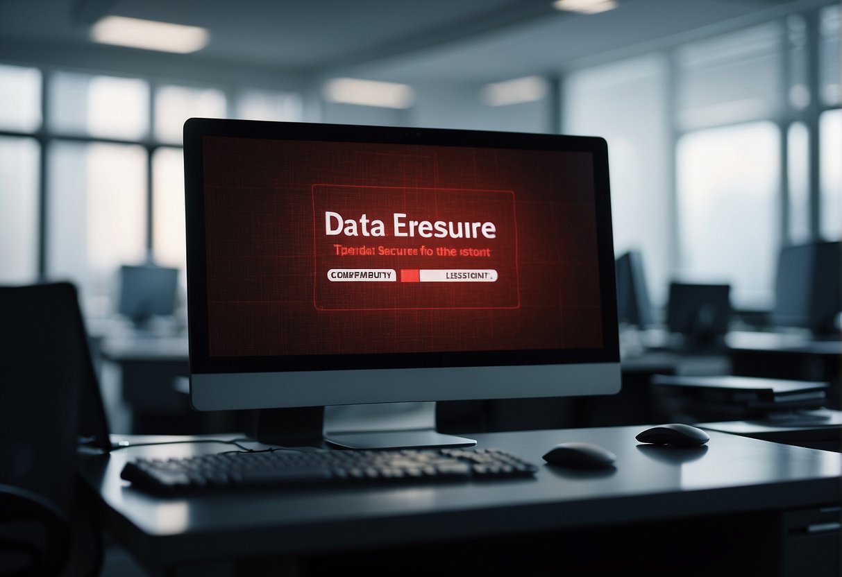 A computer screen displaying "Data Erasure" message with a red warning symbol. Office background with worried colleagues and a tarnished company logo