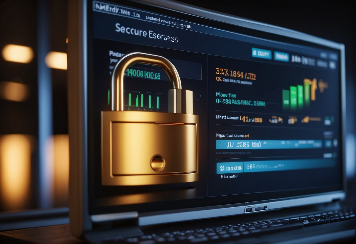 A computer screen displaying a secure data erasure process, with a padlock symbol and a progress bar. A company logo in the background