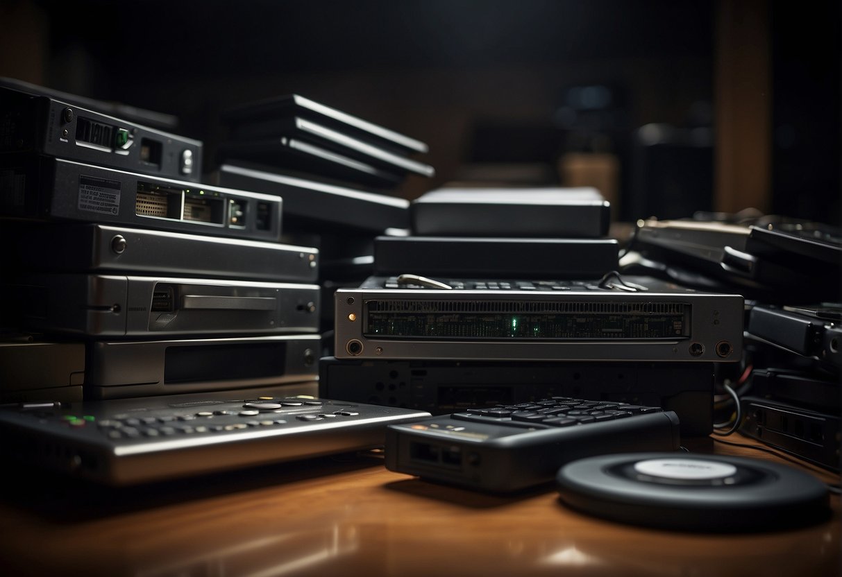 A pile of discarded electronic devices, including hard drives and servers, sits in a dimly lit room. A shadowy figure looms over them, highlighting the importance of proper data destruction