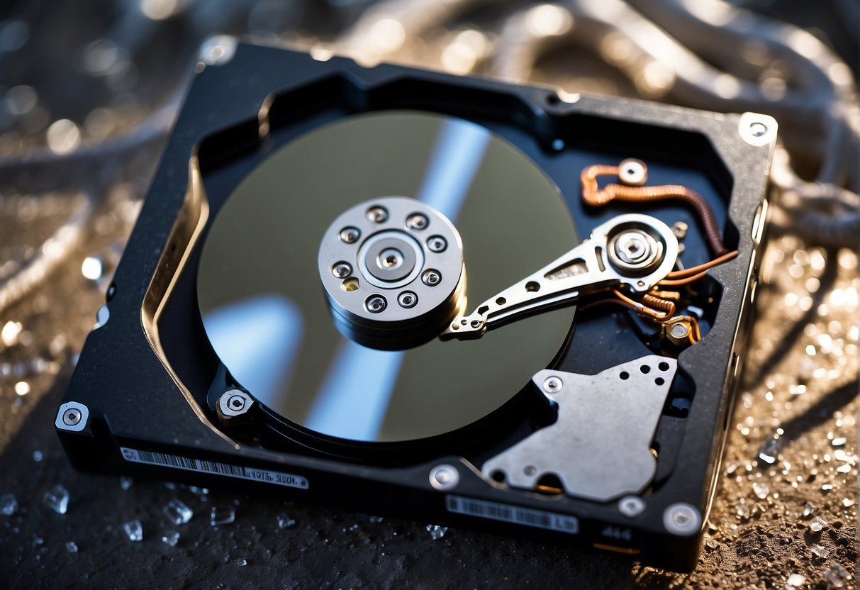 A dusty old hard drive lies shattered on the ground, surrounded by scattered data cables and a faint glow of erasure