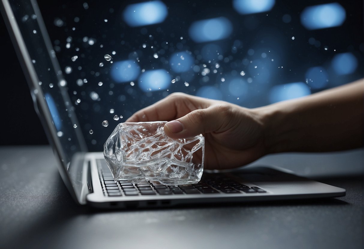 A corporate logo being wiped clean from a computer screen, with a sense of finality and erasure