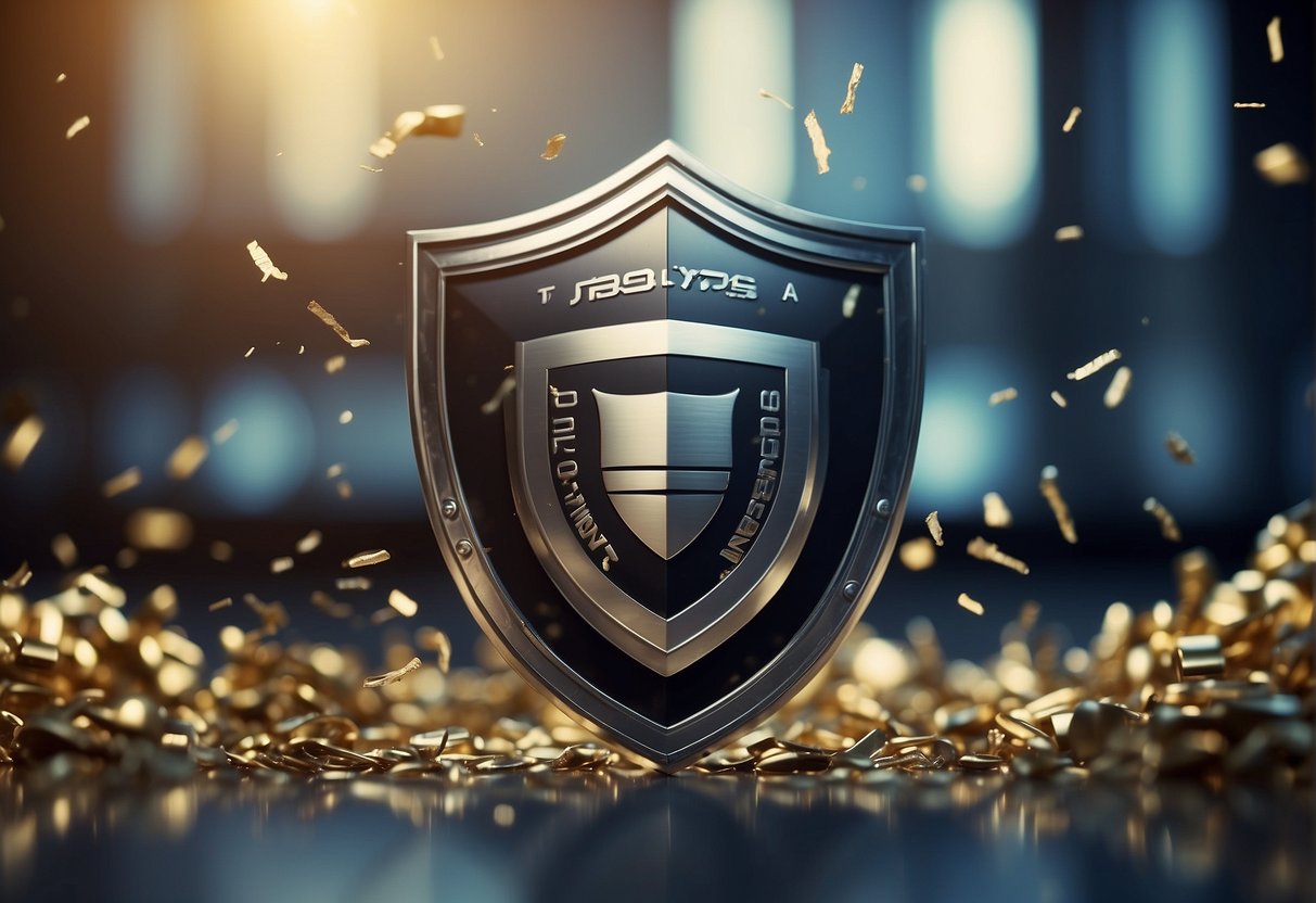 A corporate logo being digitally shredded, while a shield protects it from potential threats
