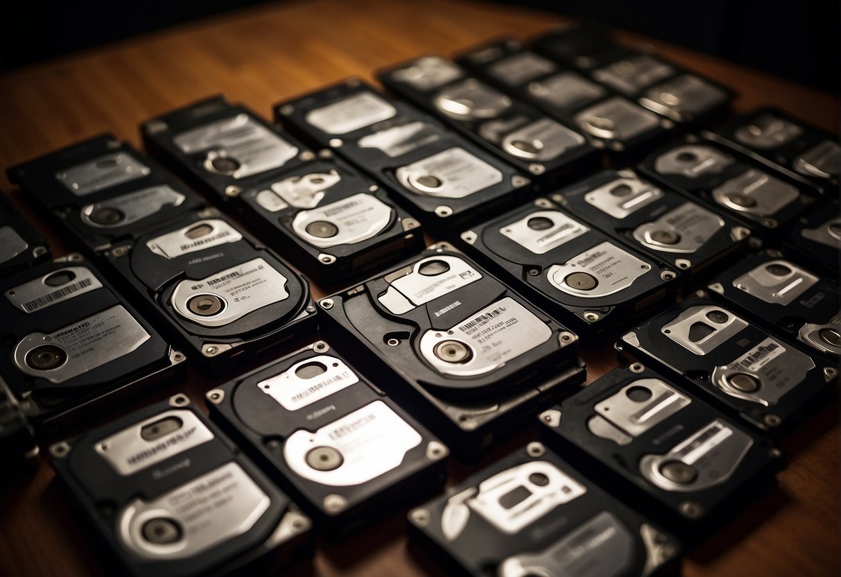 A stack of old hard drives sits in a dimly lit room, with the company's logo visible on each one. A shadow looms over them, hinting at the potential threat to the corporate reputation and brand security due to inadequate data erasure