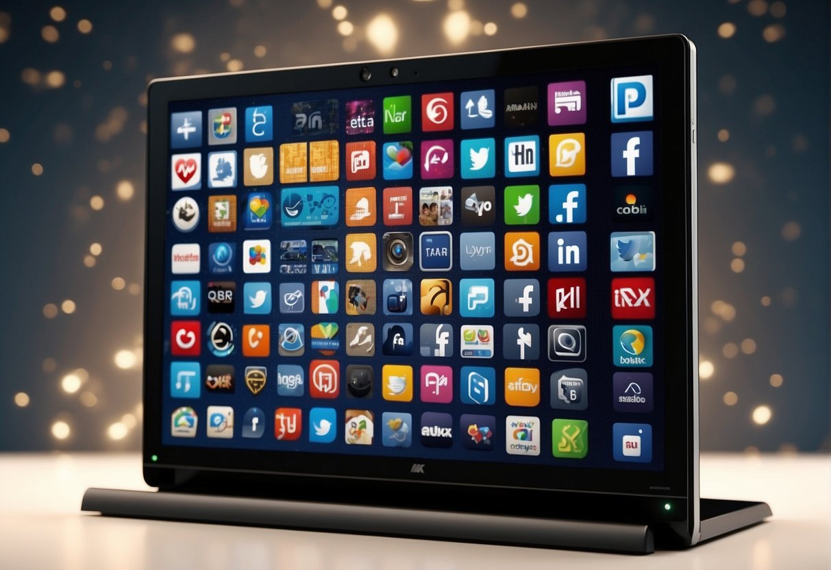 A computer screen displaying corporate logos with a shield symbol, surrounded by social media icons and keywords