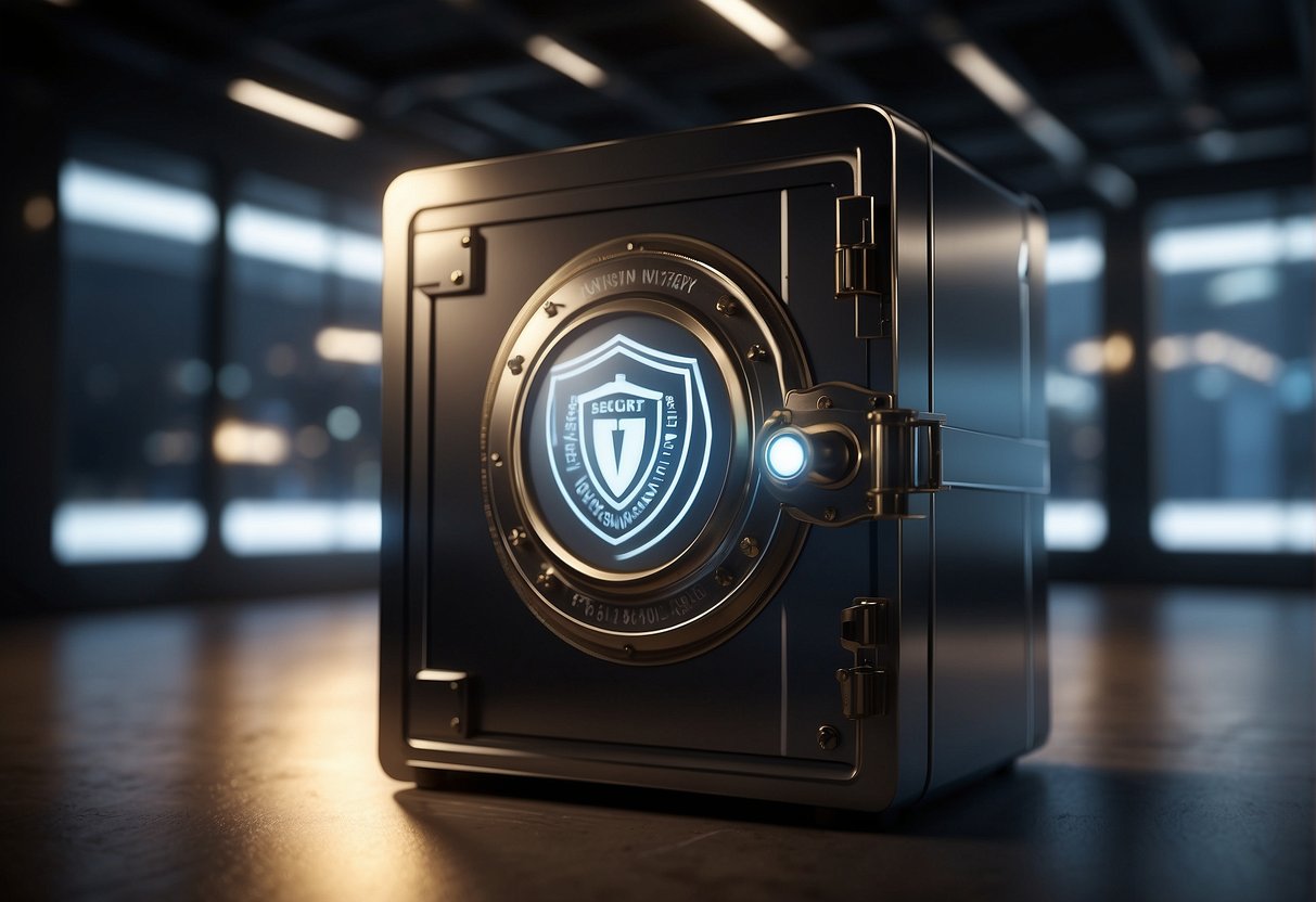 A secure vault with a glowing corporate logo, surrounded by a shield symbolizing brand security. Data erasure tools are displayed, emphasizing trust and reputation