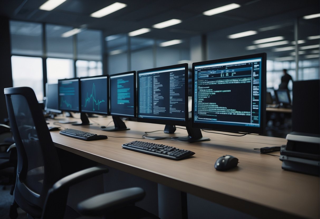 A corporate office with sensitive data being erased from computers, while brand security measures are implemented to protect against potential privacy breaches