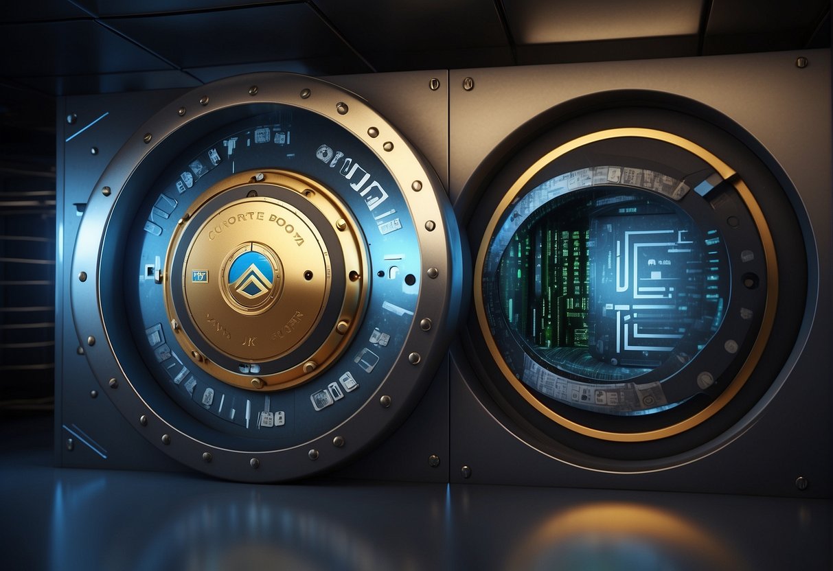 A secure vault door with the corporate logo, surrounded by a digital shield and a data erasure process in progress