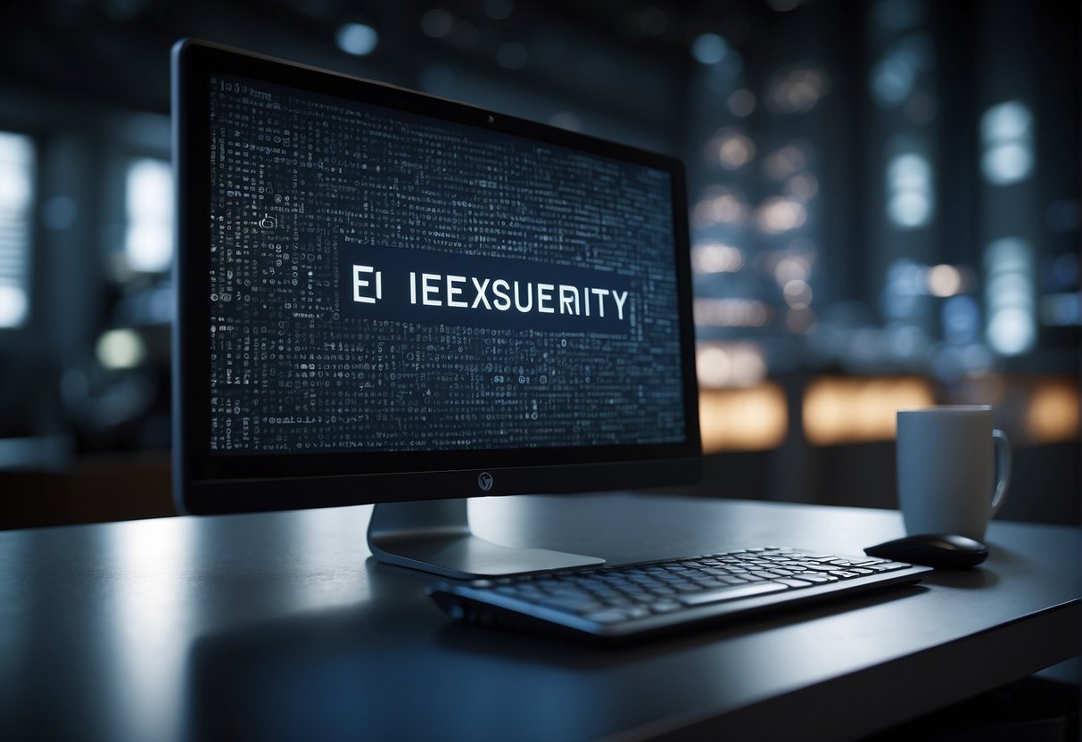 A corporate logo being securely erased from a computer screen, surrounded by keywords related to brand security and data erasure