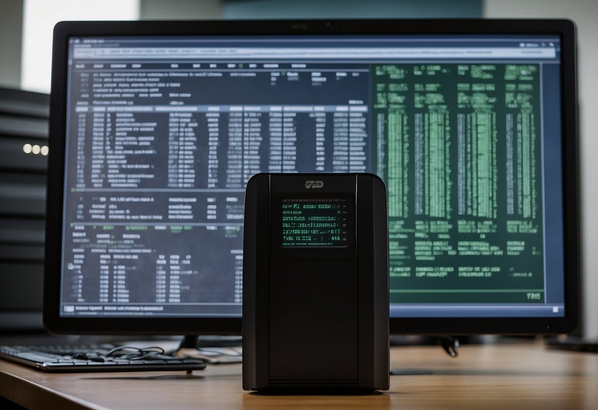 A computer screen displays NIST and DoD data erasure standards. A shredder and a degausser sit nearby, ready for use