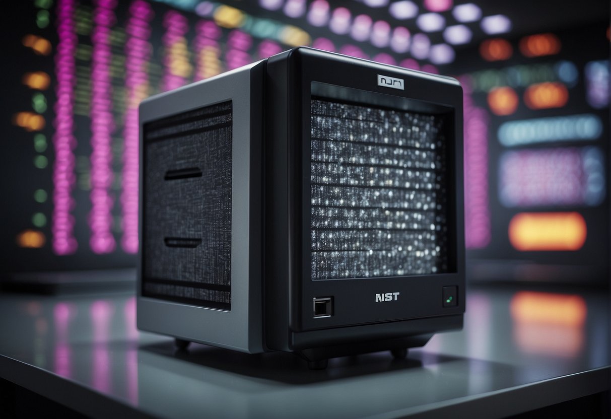 A computer screen displaying NIST, DoD, and other data erasure standards. A shredder and magnetic degausser nearby