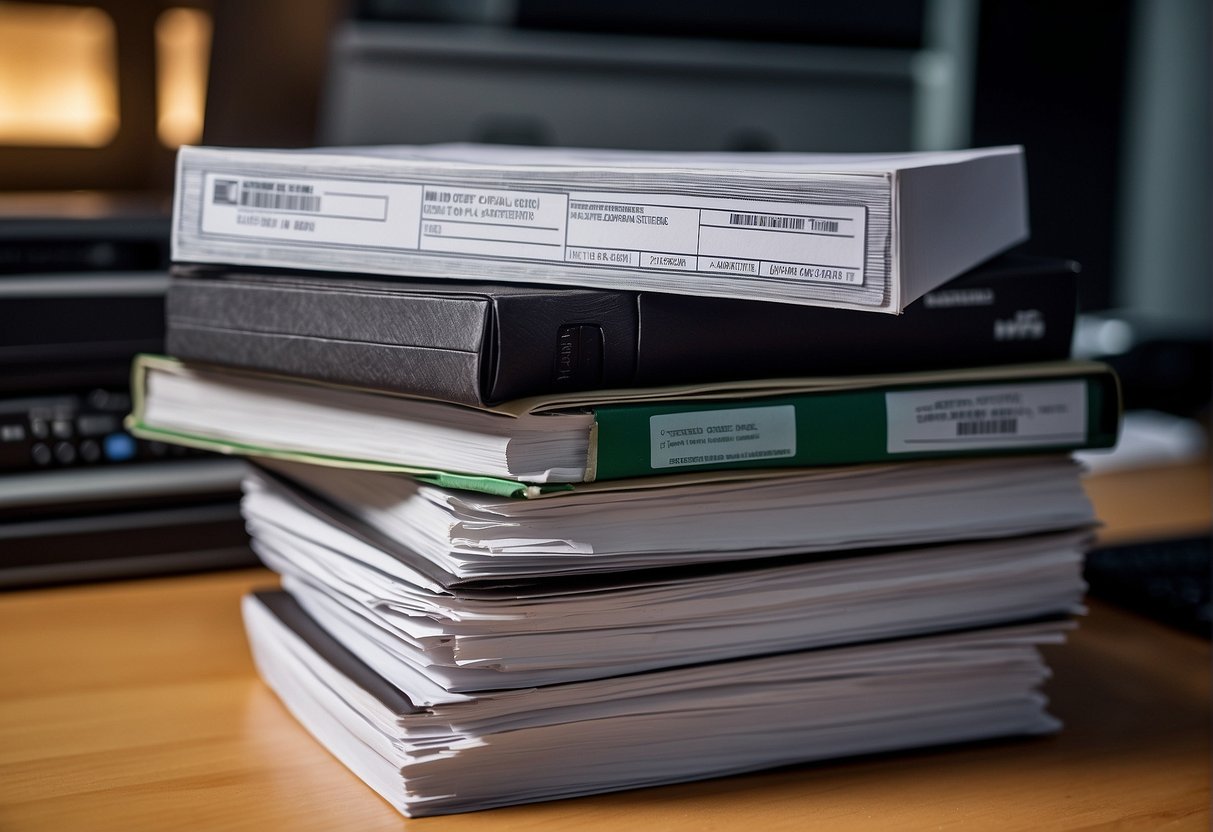 A stack of official documents with NIST, DoD, and other data erasure standards printed on them, surrounded by a computer, hard drives, and other electronic devices
