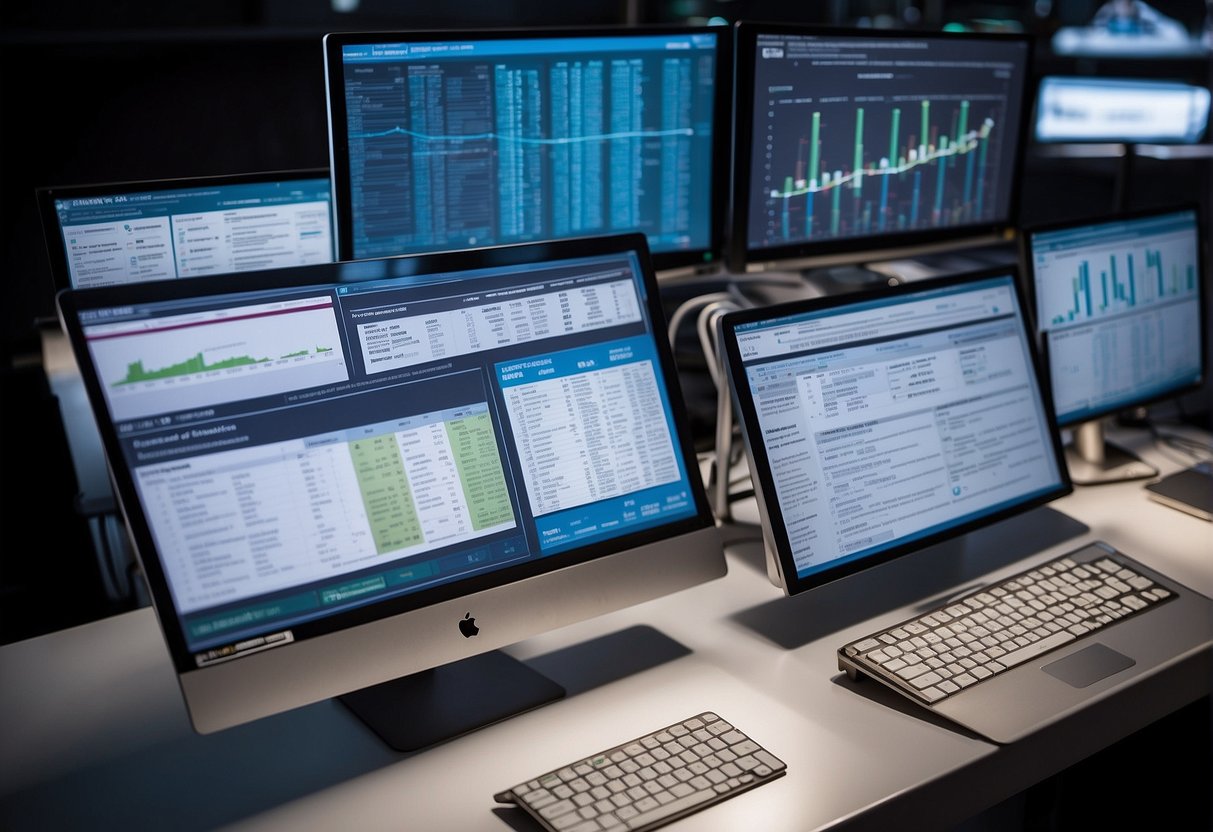A table with various data erasure standards documents spread out, including NIST and DoD. A computer screen displays a chart comparing different levels of sanitization