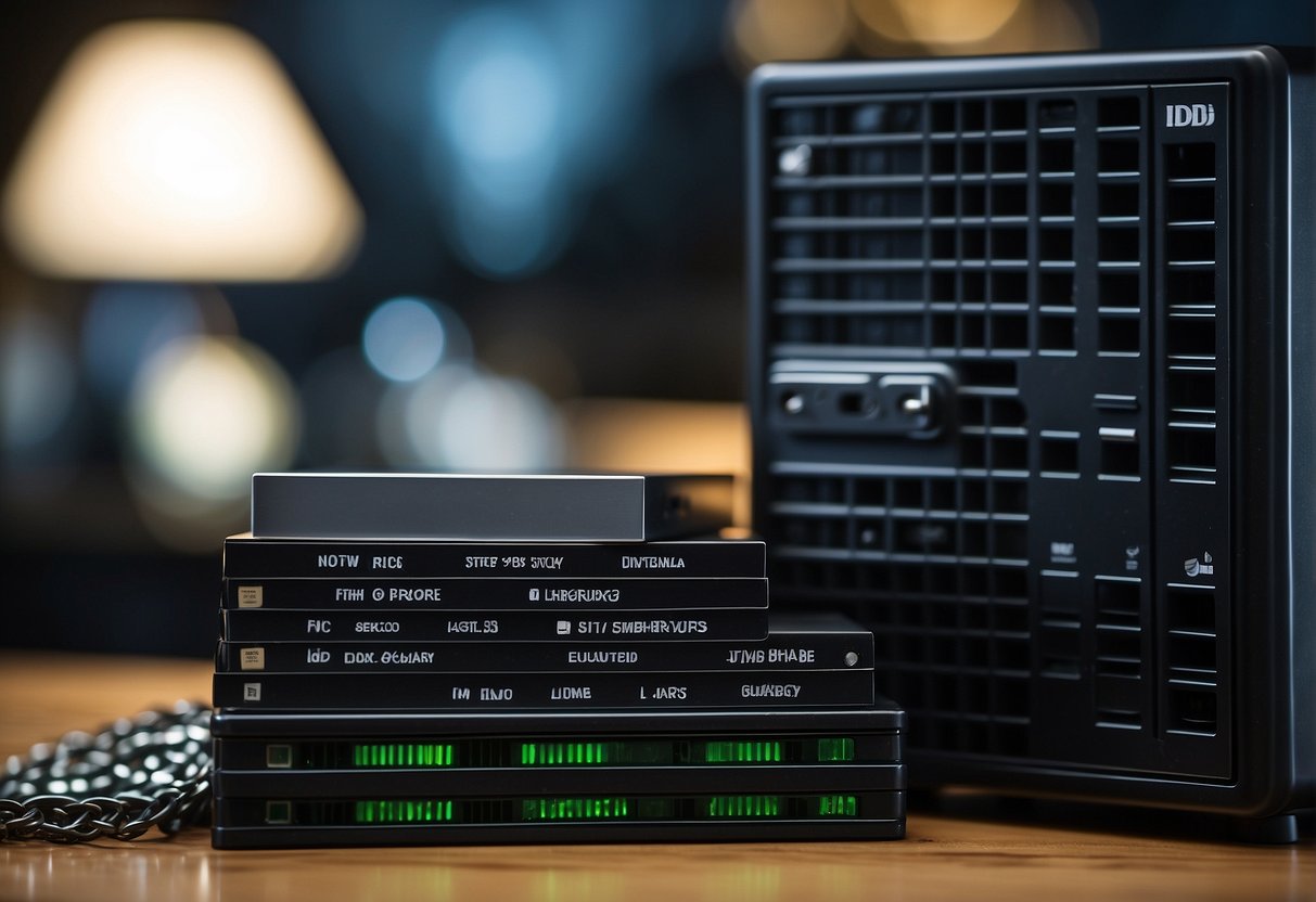 A computer screen displays NIST and DoD data erasure standards. A stack of hard drives sits next to a shredder