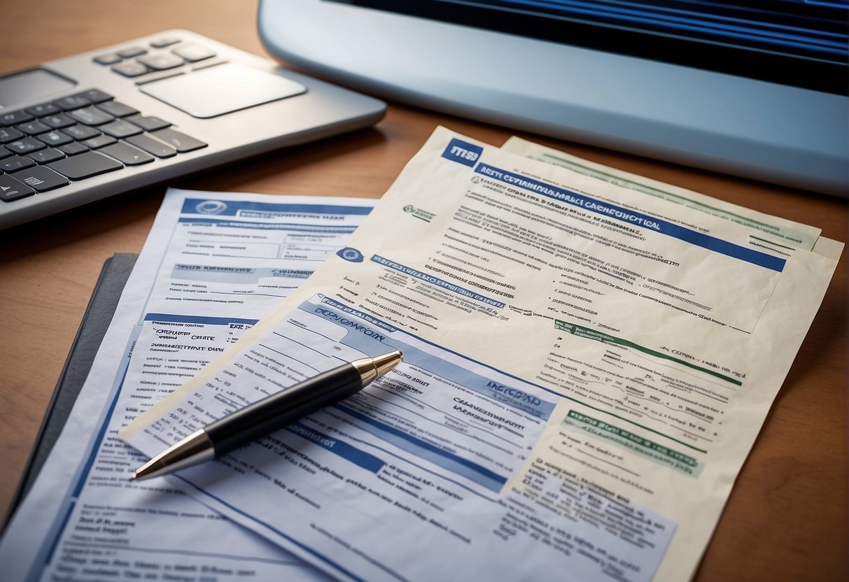 A stack of official documents with NIST, DoD logos. A computer screen displaying data erasure standards. A checklist and stamp for verification and certification
