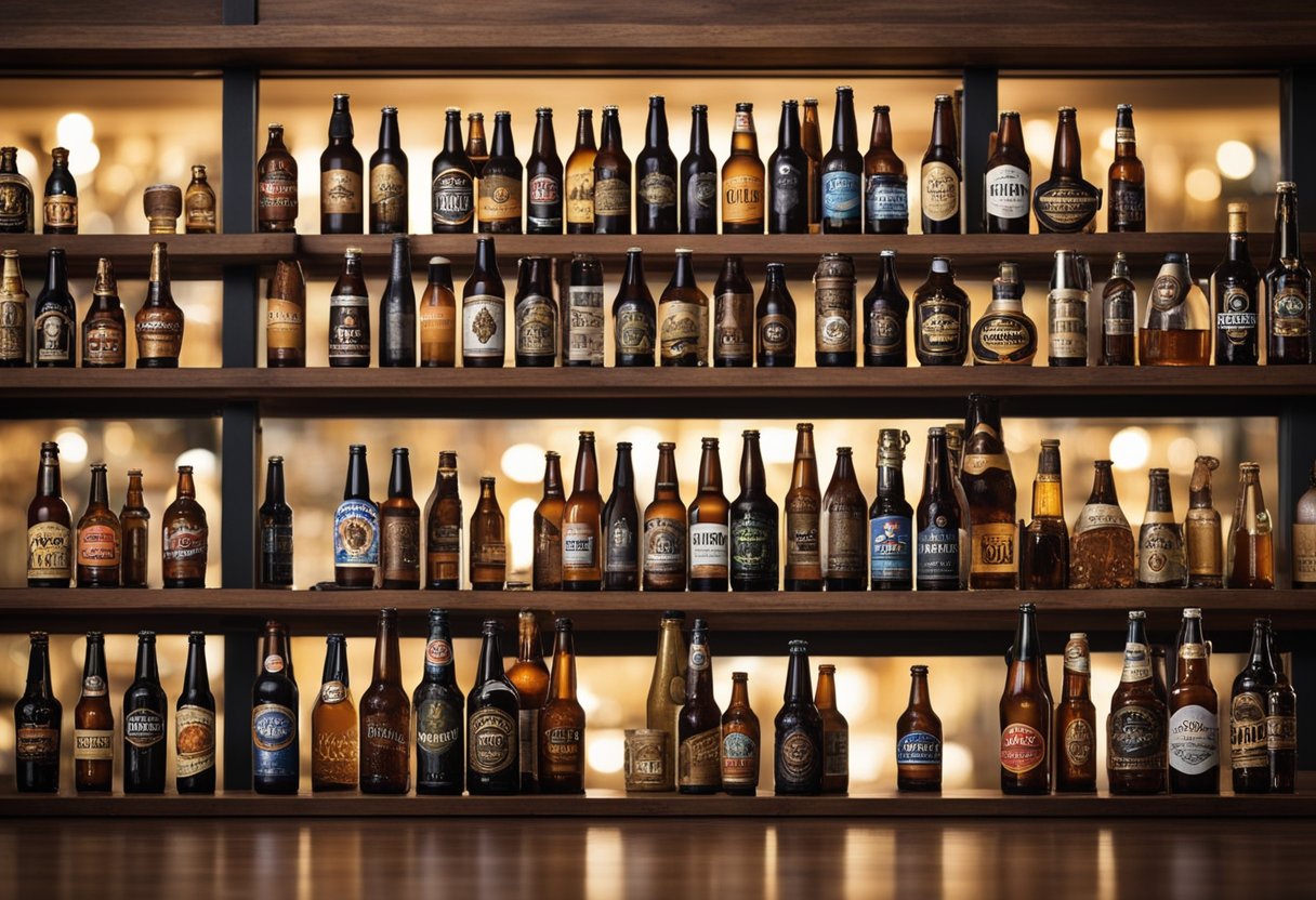 Various beer bottles, including longnecks, stubbies, and growlers, are arranged on a wooden table. Each bottle features unique labels and caps, representing different styles of beer