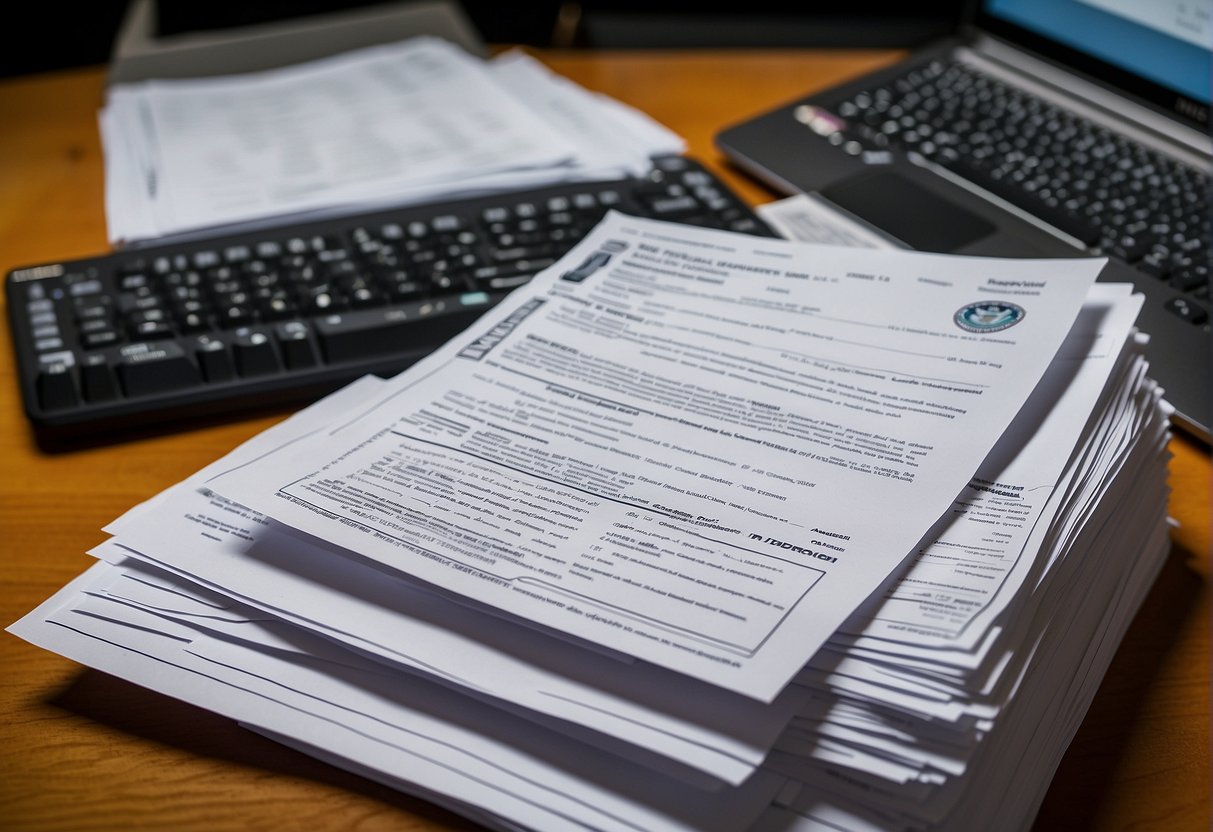A stack of official documents with NIST and DoD logos, surrounded by a ruler, a computer, and a shredder