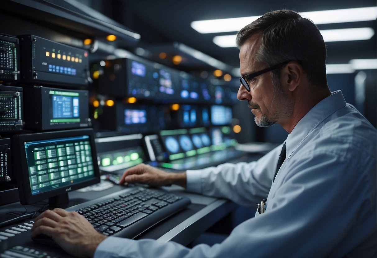 A secure facility with multiple hard drives being wiped using NIST and DoD standards. A technician monitors the process for compliance