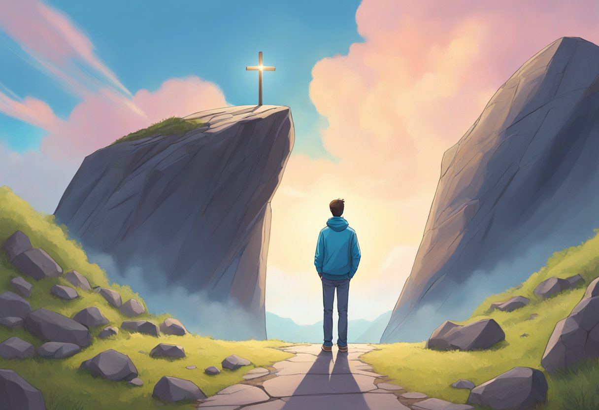 A person stands at a crossroads, one path blocked by a large rock. They look up at the open sky, feeling overwhelmed. The other path is clear, leading to a bright, hopeful future