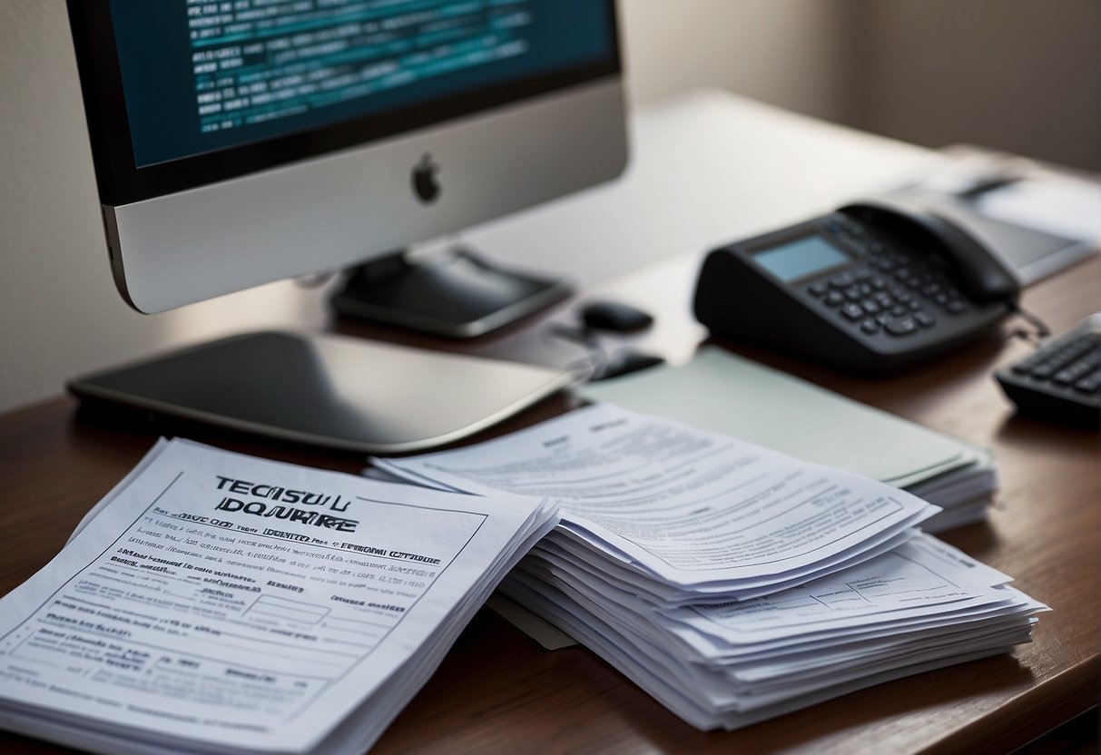 A stack of technical documents, labeled "NIST," "DoD," and more, sits on a desk. A computer screen displays a list of frequently asked questions about data erasure standards