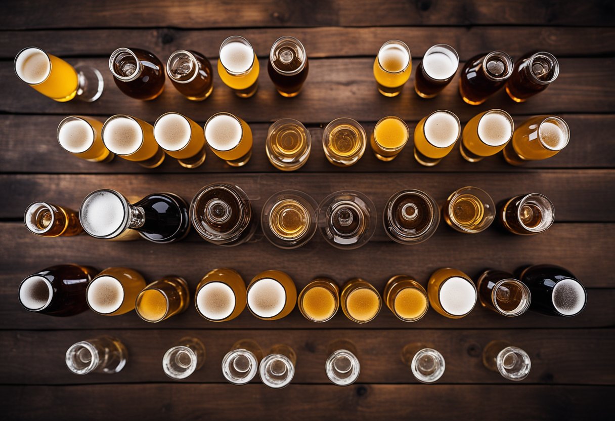 A variety of beer bottle glasses arranged on a wooden table with different shapes, sizes, and colors