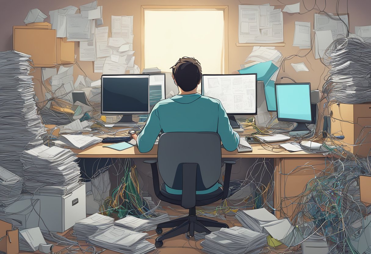 A cluttered desk with scattered papers and a tangled web of wires. A person sits, staring at a blank computer screen, surrounded by piles of unfinished tasks