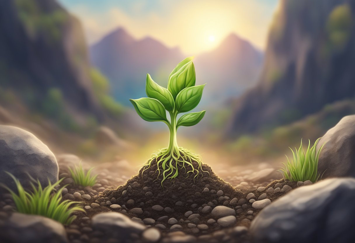 A sprouting seed breaking through rocky soil, symbolizing growth and overcoming obstacles in mental health