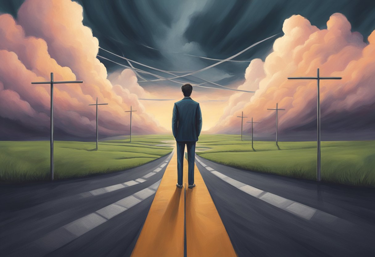 A person stands at a crossroads, one path leading to stagnation, the other to purpose and passion. A dark cloud looms overhead, representing mental health struggles