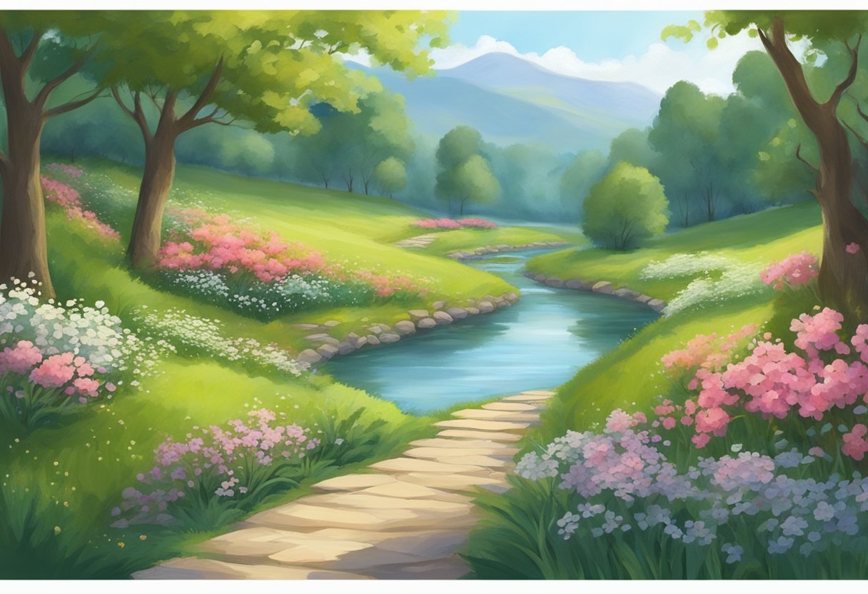 A serene landscape with a winding path leading to a peaceful, secluded spot. Surrounding the area are lush greenery, blooming flowers, and a gentle stream, evoking a sense of tranquility and calmness