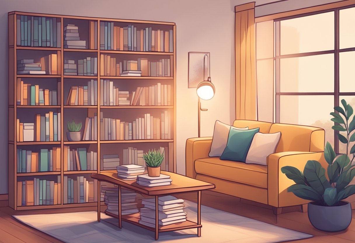 A cozy office with a comfortable couch and soft lighting. A bookshelf filled with self-help books and calming decor. A peaceful atmosphere suggesting support and guidance for mental health