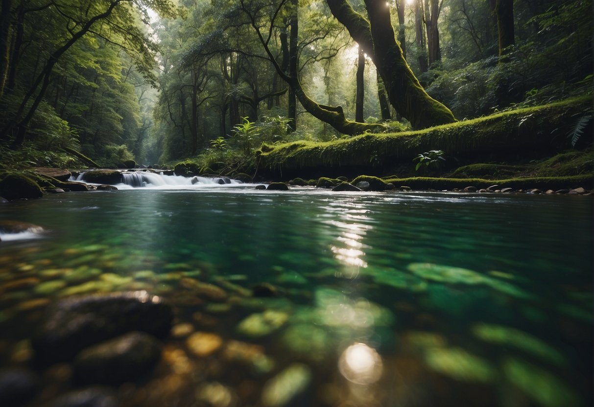 A lush forest with a river flowing through it, surrounded by diverse wildlife. A computer server being securely wiped clean, symbolizing data erasure for environmental sustainability