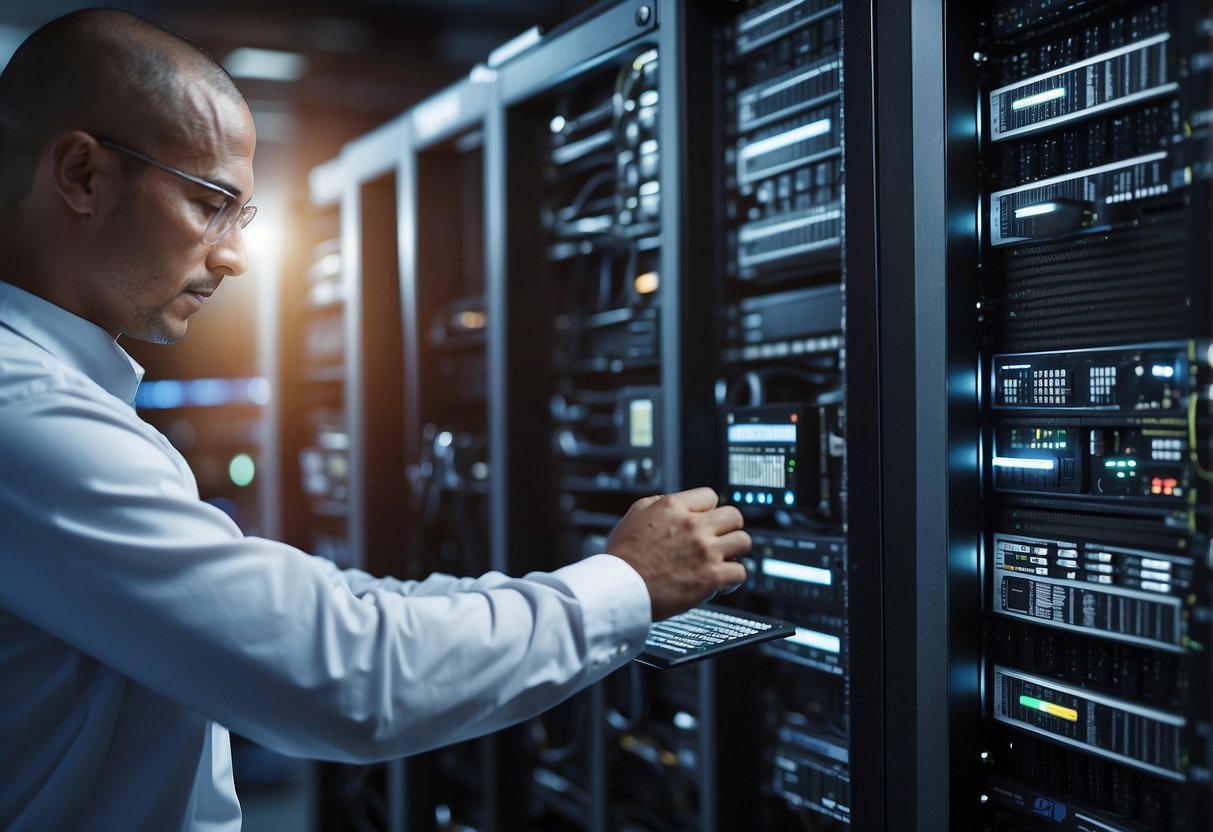 A server room with multiple racks of equipment, a technician using a data erasure tool on a hard drive, and a diagram showing the data lifecycle management process